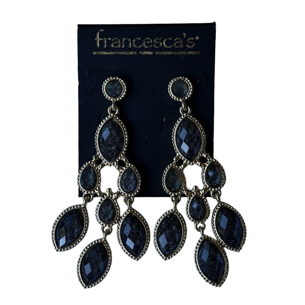 Francesca's Drop Dangle Chandelier Earrings 3 Inch Gray Blue Sparkling Glass Cab